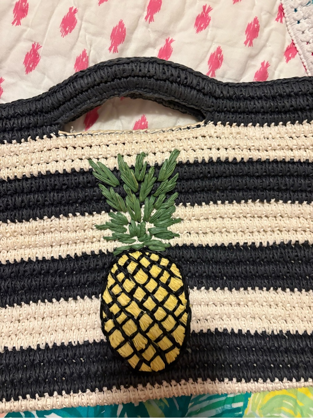 Talbots Striped Pineapple Crochet Tote Bag in Black and Cream - Picture 2 of 5